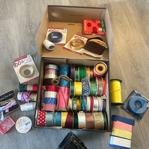 Huge Bundle of Vintage Ribbon, String, Yarn & Bow Making Pins.